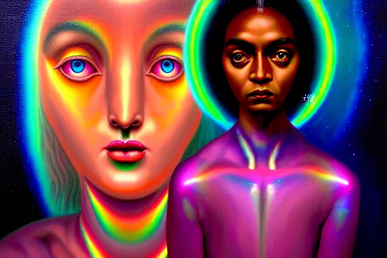 Image similar to patron saint of 🛸🌈👩🏾, futuristic iridescent clothing, wormhole, nebula, black hole, multiverse, neon god of city character portrait, in the style of margaret keane, moebius, tom bagshaw, and waterhouse, cinematic lighting, beautiful, elegant, oil painting,