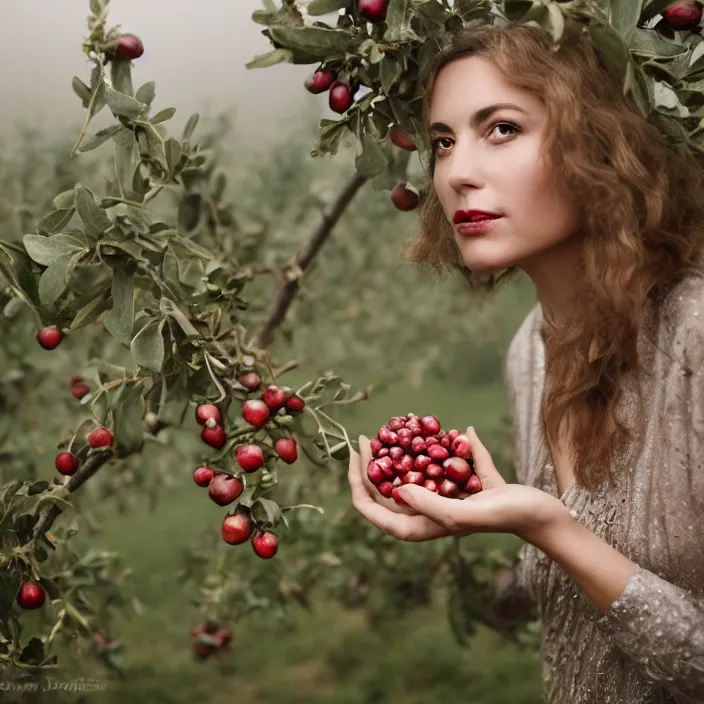 Prompt: a closeup portrait of a woman wearing diamond armor, picking pomegranates from a tree in an orchard, foggy, moody, photograph, by vincent desiderio, canon eos c 3 0 0, ƒ 1. 8, 3 5 mm, 8 k, medium - format print