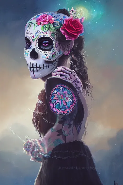 Image similar to illustration of a sugar skull day of the dead girl, art by jessica rossier