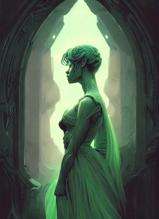 Image similar to side portrait, imogen poots, deathknight, gloomhaven, soft, smooth, luminescent, art nouveau tarot, haunting, pale green backlit glow, evil inky swirly ripples, sickly colors, 8 k, by greg rutkowski, jesper ejsing, rhads, ilya kuvshinov, cushart krenz