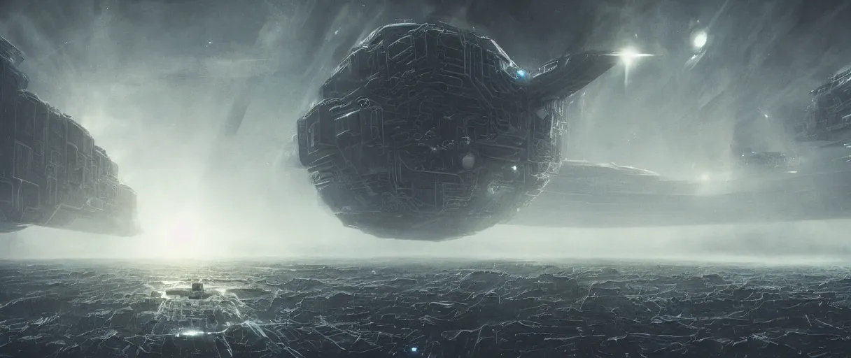 Image similar to concept art, a single huge mothership, a ship traveling to new worlds, deep space exploration, the expanse tv series, industrial design, dynamic angle, motion, spatial phenomena, cinematic lighting, 4k, greebles, widescreen, wide angle, beksinski, sharp and blocky shapes