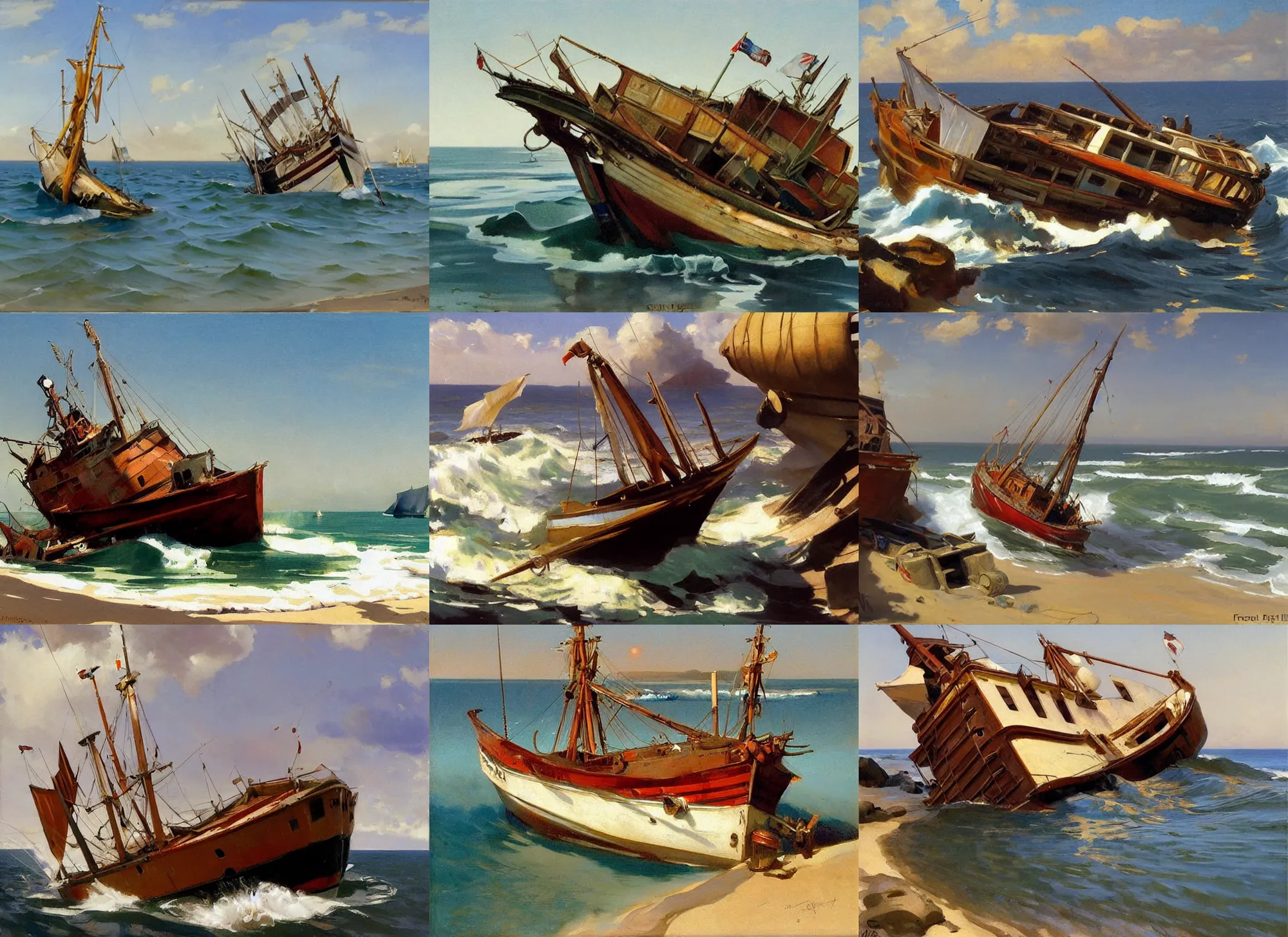 Prompt: painting by sargent and rhads and leyendecker and greg hildebrandt and frederick judd waugh old fishing vessel boat aground on sea