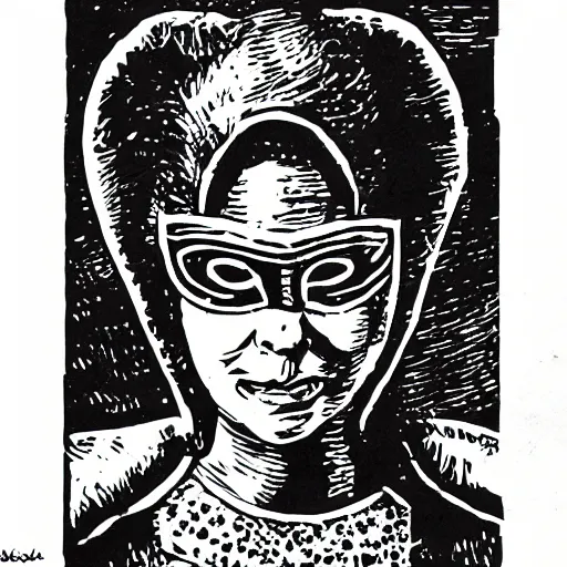 Image similar to queen elizabeth as masked thief, lino print