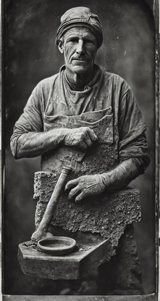 Image similar to a highly detailed wet plate photograph, a portrait of a stonemason