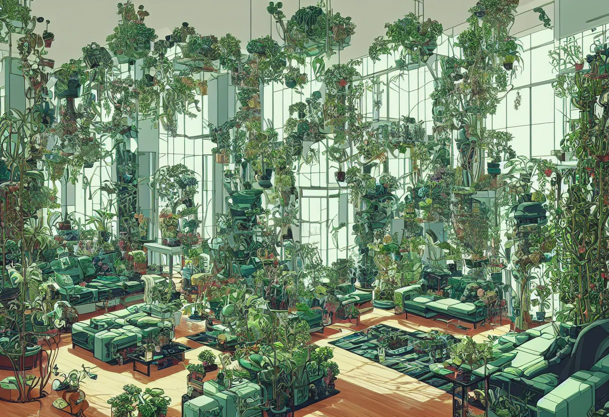 Prompt: luxury living room full of plants and trees by josan gonzalez