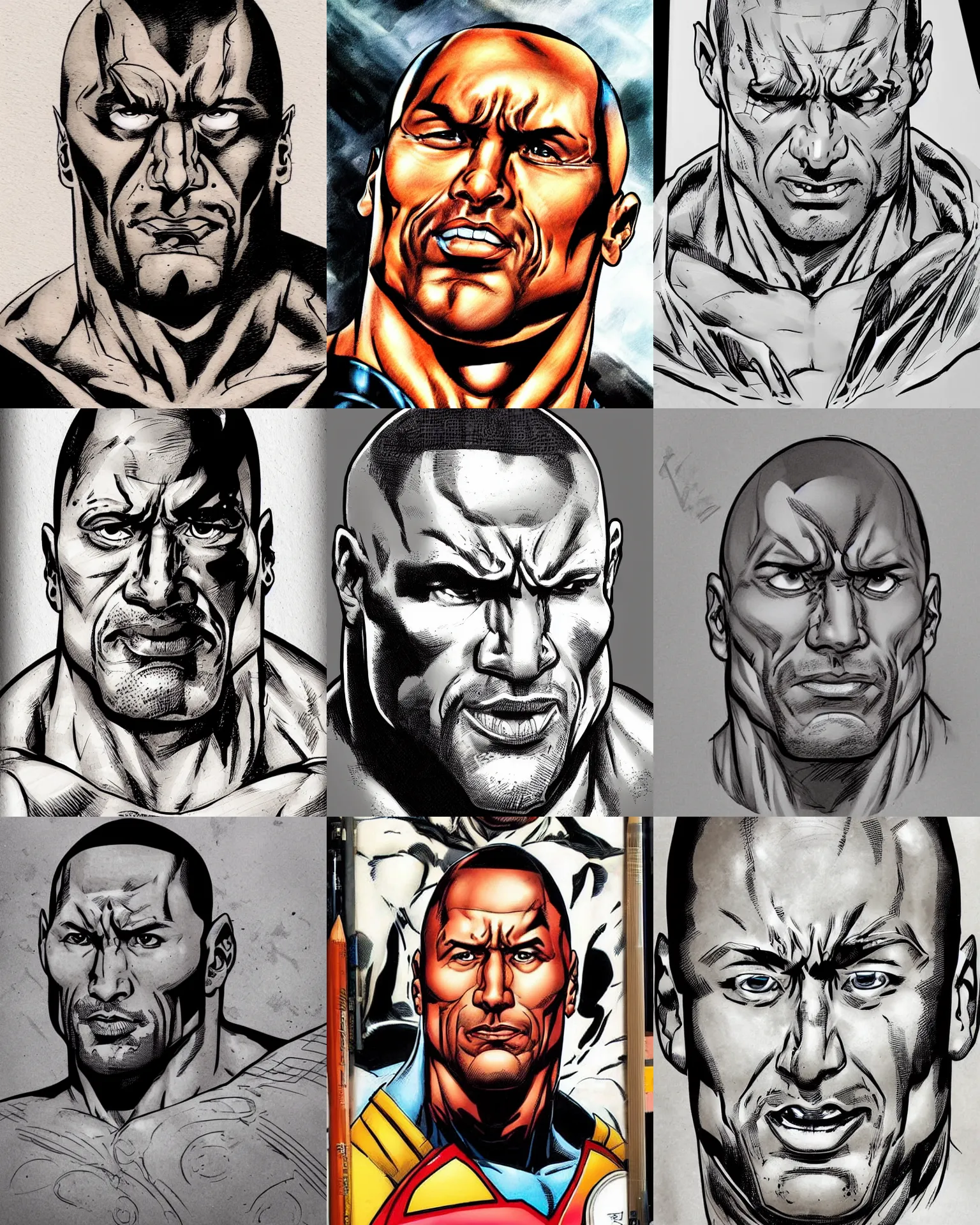 Image similar to dwayne johnson!!!jim lee!!! flat ink sketch by jim lee face close up headshot in the style of jim lee, x-men superhero comic book character by jim lee