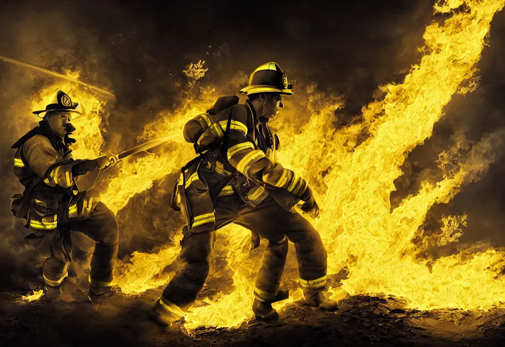 Prompt: one heroic firefighter in action in black and yellow uniform, fire flames, sharp details, highly detailed, beautiful cinematic light deep focus, elegant, digital painting, smooth, sharp focus, golden ratio, dramatic illumination, ultra realistic, 8 k, illustration, by yerbol bulentayev and murat gul and pablo olivera and greg rutkowski, bloom, dramatic lighting