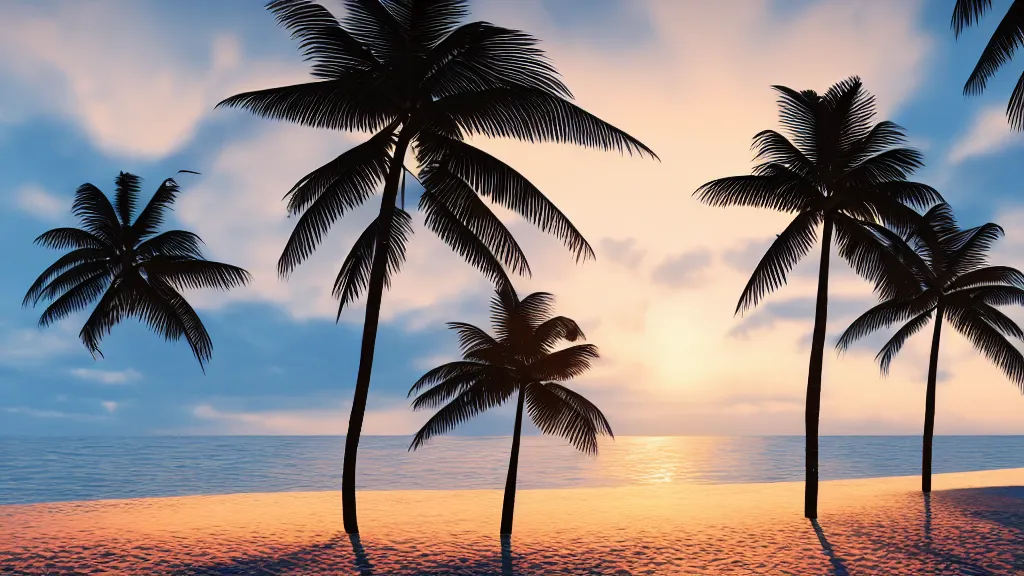 Prompt: !sunset! over a beach with palm trees, dramatic lighting, 8k uhd, raytracing, unreal engine, octane render, picturesque, extremely detailed