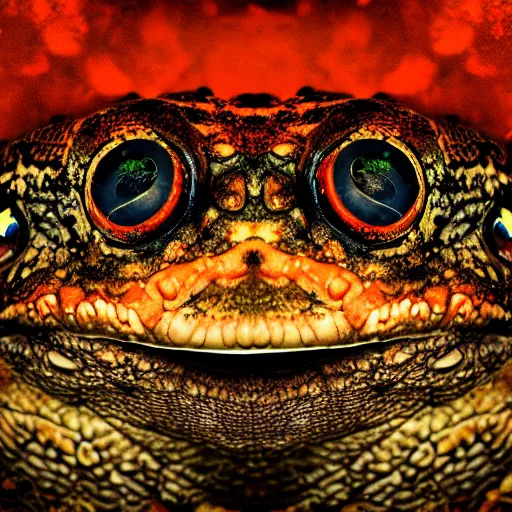 Image similar to deep camouflage angry toad evil eyes poking out eyes from under the water ultra sharp blur background simple background deep brown orange staring into camera poster art