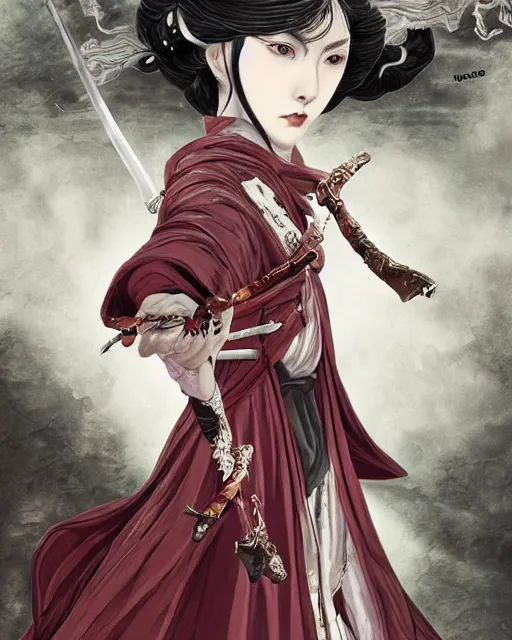 Image similar to lady snowblood movie character, baroque style, elegant, beautiful, mesmerizing, concept art, highly detailed, artstation, behance, deviantart, inspired by innocent manga, inspired by castlevania concept art, trending, ayami kojima, shinichi sakamoto