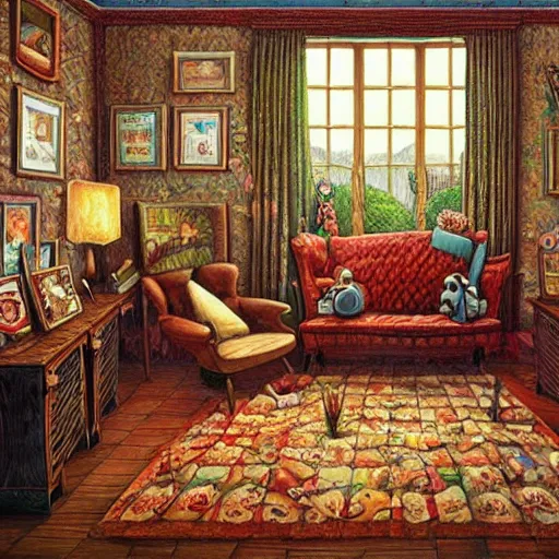 Image similar to a painting of a living room, a surrealist painting by jacek yerka, cgsociety, fantastic realism, surrealist, detailed painting