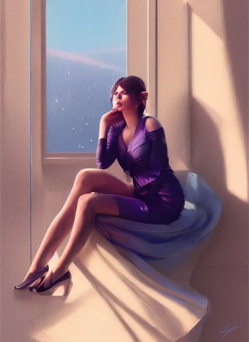 Prompt: beautiful girl sitting on a spaceship window wearing a dress, highly detailed tight dress, beautiful face hot model girl, by jeremy lipking, by artgerm, digital art, octane render