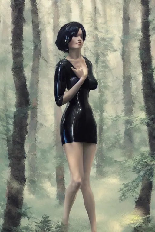 Image similar to woman in a dress in a forest, detailed black latex dress, beautiful model girl face, white hair, by jeremy lipking, by yoshitaka amano, by artgerm, digital art, octane render, vector art