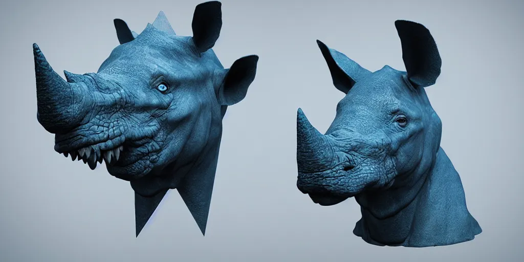 Image similar to hyperrealistic bust portrait of an anthropomorphic blue Rhinoceros wearing plate paladin armor, forward angle, stunning 3d render inspired art by Tooth Wu and beeple, greg rutkowski and artgerm and justin gerard + perfect facial symmetry + dim volumetric lighting, 8k octane beautifully detailed render, post-processing, extremely hyperdetailed, intricate complexity, epic composition, grim yet sparkling atmosphere, cinematic lighting + masterpiece, trending on artstation