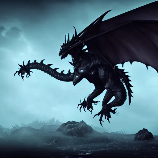 Prompt: a highly detailed ghastly shot of a western dragon made of black fog and deep dark obscure shadow, wings are clouds of darkness, creating an ominous presence, artstation, deviantart, dark lighting, unreal engine 5 render