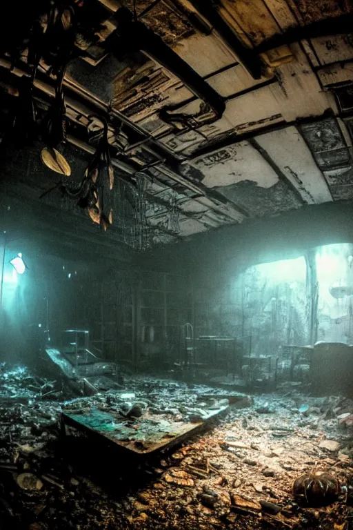 Prompt: abandoned basement decorated with salvaged industrial materials to resemble heaven, watercolor painting underwater, silhouettes, apocalyptic, mass-hallucination fever-dream, 8k photorealistic, cinematic composition, splintering white light,shallow depth of field, extreme fisheye lens, directed by gaspar noe, tokujin yoshioka, david lynch, dark mood lighting, hyperdetailed