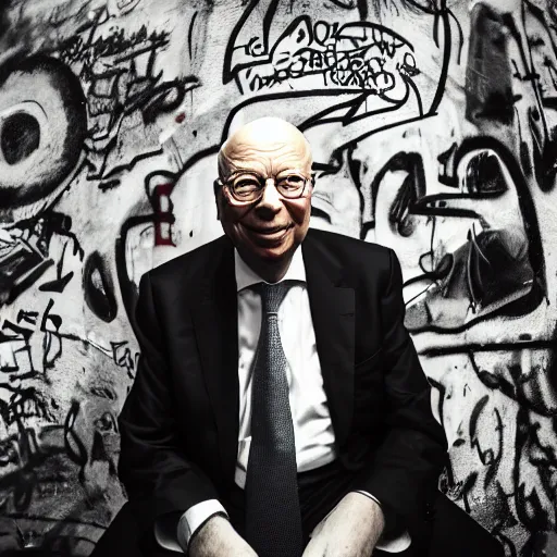 Prompt: Klaus Schwab with a surprised expression on his face, sitting on a toilet in a dirty public bathroom, graffiti on the stall walls, garbage on the ground, dimly lit, fish eye lens, high quality, artstation