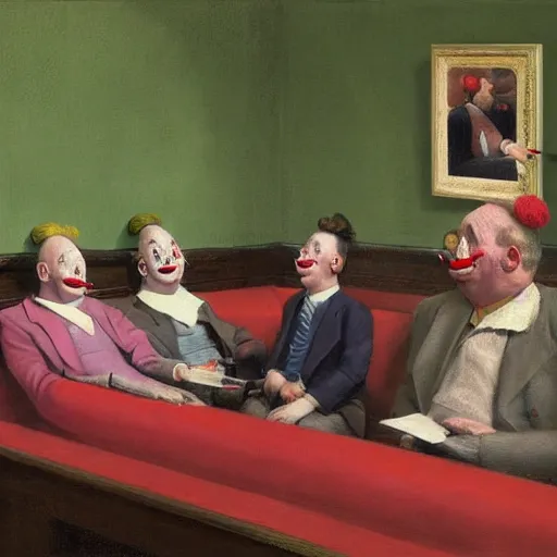 Prompt: a highly detailed portrait close up art painting of british members of parliament in the house of commons wearing pastel coloured clown costumes with pleasant oversized joyful faces, they are smoking. in the style of edward hopper, richard hamilton. concept art. green leather benches. coloured by rembrandt. photographic. concept. digital art. no artefacts. desaturated. high fidelity facial portrait. 8 k