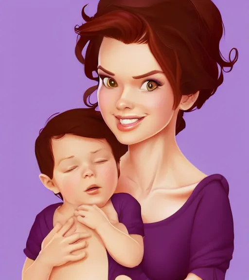 Image similar to a mother with short shoulder length dark auburn hair, short and curvy and a slightly chubby face holding her infant son with short brown hair full color digital illustration in the style of don bluth, artgerm, artstation trending, 4 k