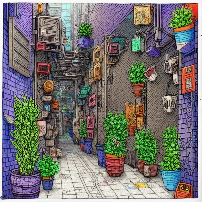 Image similar to an absurdly-detailed cyberpunk alleyway colored-pen drawing as a fancy square tile. Cats and Robots and Potted-Plants.