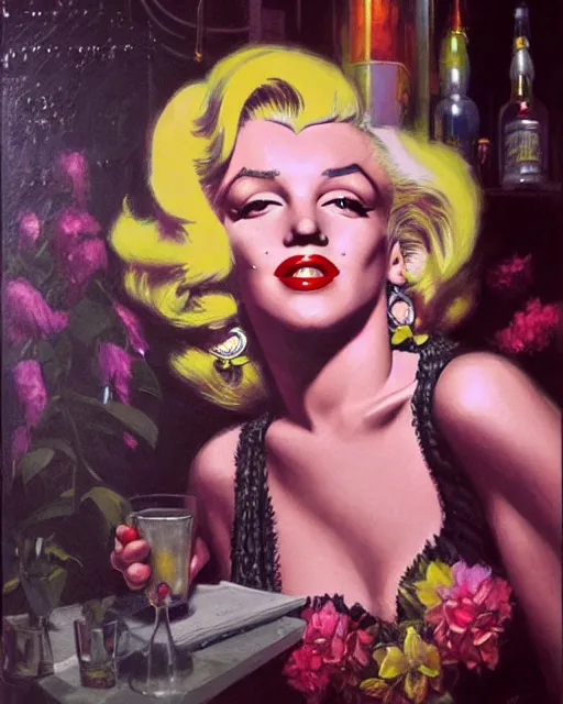 Image similar to sophisticated portrait of Marilyn Monroe, 1980s flower power hippy, very smoky cyberpunk Paris bar, elegance, highly detailed, shallow depth of field, Artstation, Artgerm, Donato Giancola and Joseph Christian Leyendecker