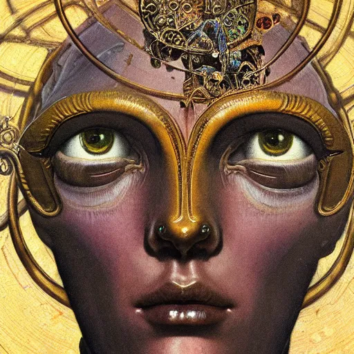 Prompt: baroque neoclassicist close - up renaissance portrait of a primitive art deco android priestess, glowing eyes. reflective detailed textures, highly detailed fantasy science fiction painting by moebius, norman rockwell and saturno butto and jean delville. elaborate geometric ornament, rich colors. artstation