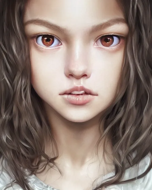 Image similar to portrait of 1 5 - year old girl with lush frizzy untamable brown hair, large front teeth, and bright piercing brown eyes, hyper realistic face, beautiful eyes, character art, art by artgerm lau and wlop and and ilya kuvshinov and john singer sargent, hyperdetailed, cryengine, trending on artstation, wizard, digital art