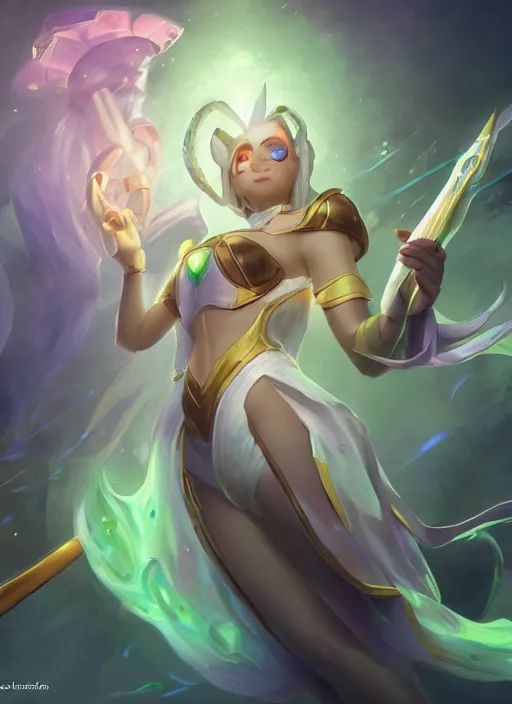 Prompt: soraka with magic wand on her hand healing the ones harmed, from league of legends, green aura from her wand, hyper detailed, digital art, trending in artstation, cinematic lighting, studio quality, smooth render, unreal engine 5 rendered, octane rendered, art style by klimt and nixeu and ian sprigger and wlop and krenz cushart