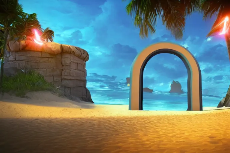 Image similar to a magical glowing portal in the middle of a city that leads to a beach, through the portal you can see a beach, portal game, realistic