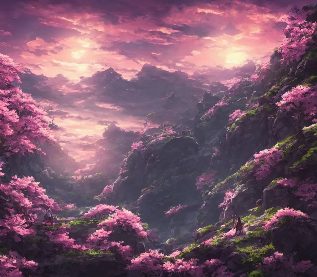 Image similar to sakura blossom in the mountains, stunning, extraordinary, made in abyss style, epic sunset, detailed, dynamic scene