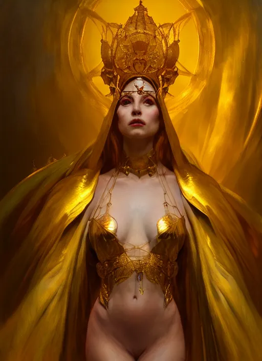 Prompt: bust of a sorceress wearing skimpy gold robes, intricate concept art, skin, ethereal, enchanted, ominous, dramatic lighting, illuminated lines, dark background, 8 k, by ruan jia and krenz cushart and alphonse mucha