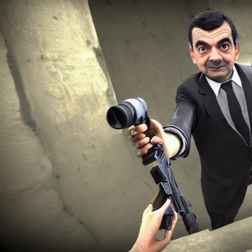 Prompt: mr bean holding an awp in dust 2, counter strike global offensive, videogame, 8 k, award winning