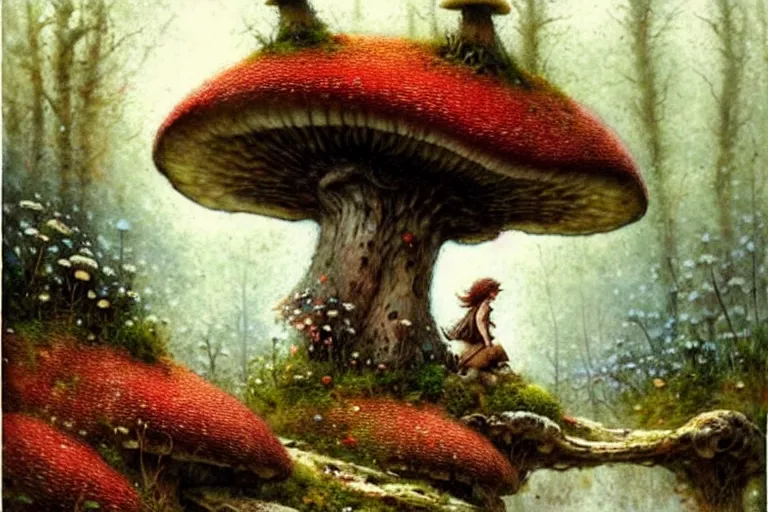 Prompt: adventurer ( ( ( ( ( 1 9 5 0 s retro future forrest of giant mushrooms, moss and flowers stone bridge. muted colors. ) ) ) ) ) by jean baptiste monge!!!!!!!!!!!!!!!!!!!!!!!!! chrome red