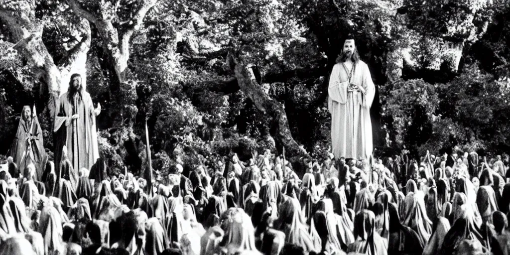 Image similar to 35mm picture of Aragorn being crowned king under the white tree of Minas Tirith, lord of the rings