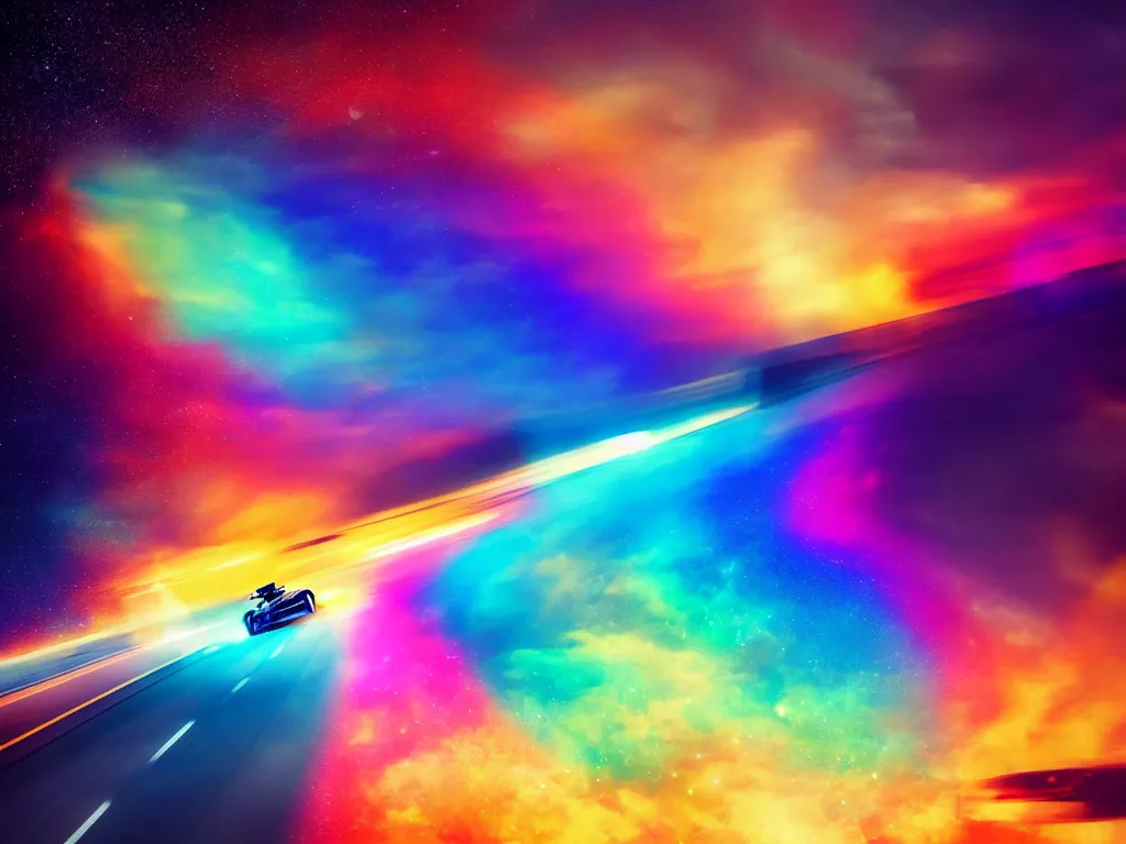 Prompt: f - 1 car driving on a road made out of a rainbow in space, digital art, high detail, 4 k, trending on artstation, great composition