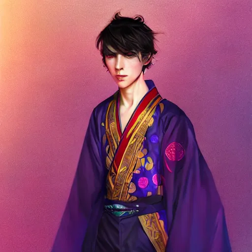 Image similar to colorful and festive captivating teenager boy with straight indigo hair, purple eyes with red eye markers, slim body, wearing a detailed japanese kimono with golden armor pieces. rich vivid colors, ambient lighting, dynamic lighting, 4 k, atmospheric lighting, painted, intricate, highly detailed by charlie bowater