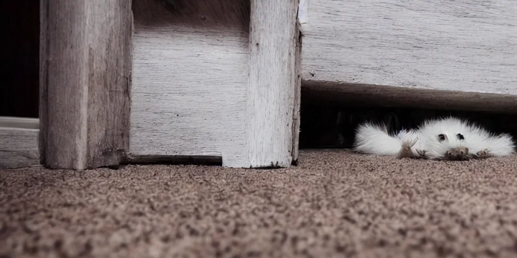 Image similar to small white hairy creatures under the floor boards, critters, scary, creepy, unsettling