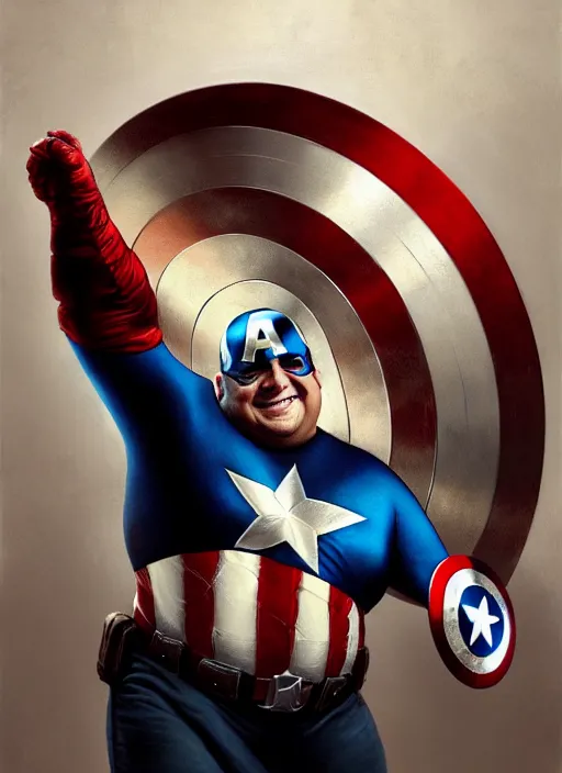 Image similar to Portrait of Fat Danny Devito with his belly sticking out as Captain America, He is Holding his shield while posing, realistic, detailed, 4k by Greg Rutkowski Mark Arian trending on artstation