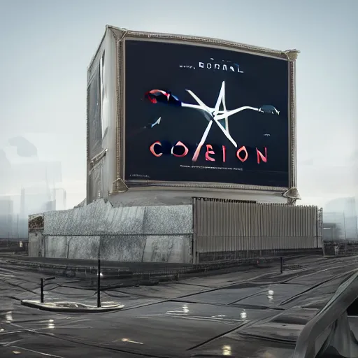 Image similar to sci-fi wall structure shape x o y on the coronation of napoleon painting and digital billboard in the middle, unreal engine 5, keyshot, octane, artstation trending, ultra high detail, ultra realistic, cinematic, 8k, 16k, in style of zaha hadid, in style of nanospace Michael Menzelincev, in style of Lee SOUDER, colors in style of the Blade Runner 2049 cloud, in plastic, dark, tilt shift,