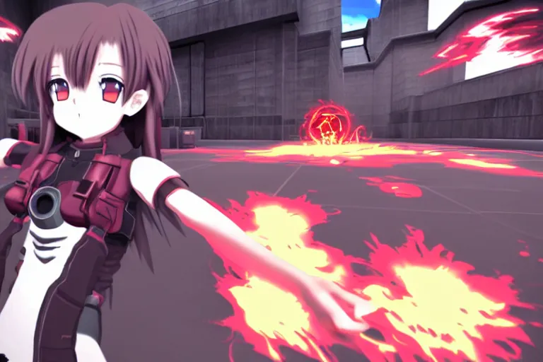 Image similar to an anime girl in a screenshot of the video game doom!!!!!!!, the anime girl is running