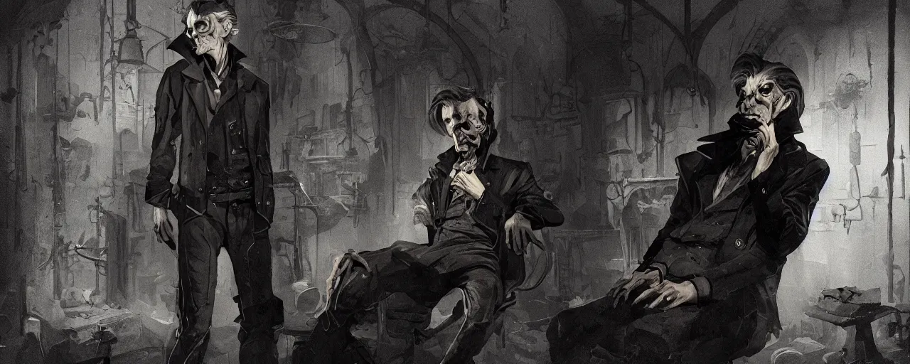 Image similar to duotone sepia comic noir illustration 3 / 4 portrait of emiel regis old vampire with silver hair sideburns in leather clothes from wicther 3 sitting in a crypt workshop. by sachin teng and sergey kolesov and ruan jia and heng z. graffiti art, scifi, fantasy, hyper detailed. octane render. concept art. trending on artstation