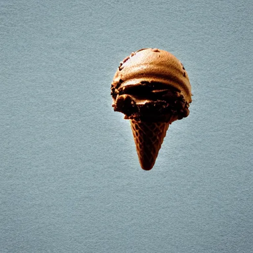 Image similar to detailed, textured photograph of a levitating chocolate ice cream cone with huge, hairy spider legs at the bottom. dramatic, golden light. realistic photograph.