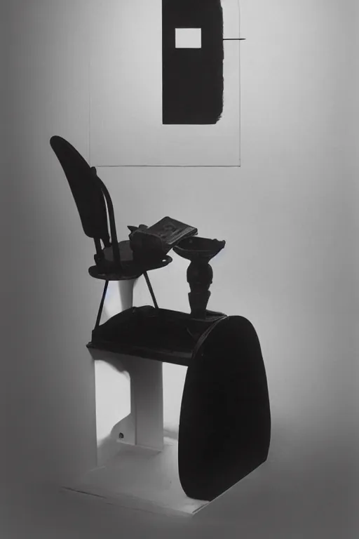 Image similar to a minimalist portrait of Marcel Duchamp connected to an ancient chess machine in the style of Irving Penn, Hito Steyerl, Shinya Tsukamoto, Saâdane Afif, Caravaggio, Pieter Hugo line drawing and 35mm film, wide angle, monochrome, futuristic tetsuo