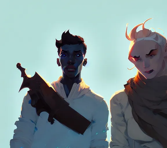 Image similar to portrait jayce and viktor, arcane, by atey ghailan, by greg rutkowski, by greg tocchini, by james gilleard, by joe fenton, by kaethe butcher, dynamic lighting, gradient light blue, brown, blonde cream and white color scheme, grunge aesthetic