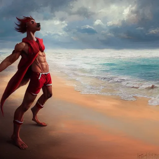 Image similar to beautiful commission of a male anthropomorphic horse wearing red shorts on the beach,digital art,art by greg rutkowski,ross tran,professional character design,artstation,deviantart,photorealistoc,hyperdetailed,detailed face,high resolution,high quality