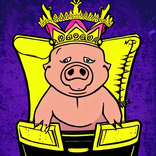 Image similar to pig in a gold crown in the style of garbage pail kids