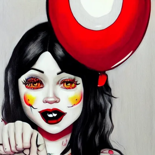 Image similar to grunge cartoon painting of kylie jenner with a wide smile and a red balloon by chris leib, loony toons style, pennywise style, corpse bride style, horror theme, detailed, elegant, intricate