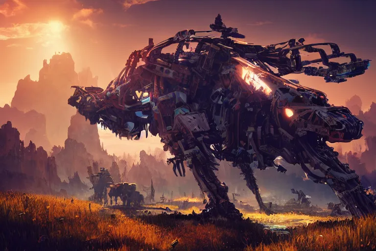 Image similar to sawtooth machine mecanical creature robot of horizon forbidden west horizon zero dawn radiating a glowing aura global illumination ray tracing hdr fanart arstation by ian pesty and alena aenami artworks in 4 k