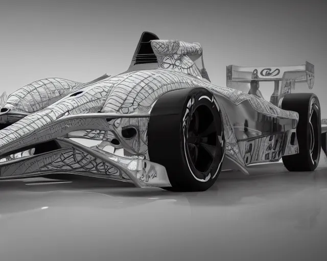 Image similar to f1 car, translucent white plastic skin, hyper detailed, scifi graphics hud, wires hanging from ceiling, octane render, character concept art, large windows, ghost in the shell, cyborg, 8k, intricate highly detailed geometric patterns blending into the background, bold lines