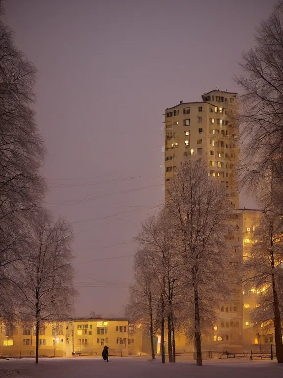 Image similar to award - winning photo of low soviet residential building in russian suburbs, lights are on in the windows, deep night, post - soviet courtyard, cozy atmosphere, winter, heavy snow, light fog, streetlamps with orange light, volumetric light, several birches nearby, elderly people stand at the entrance to the building